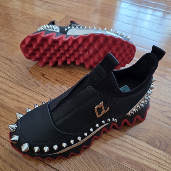 Christian Louboutin Shoes - Christian Louboutin Black Sneakers with Red Soles and Silver Spikes